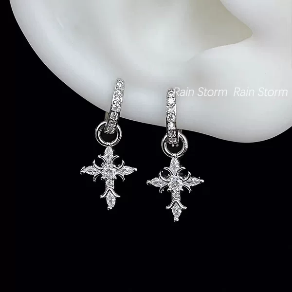 【Seeking Light】Minimalist Flashing Cross Pendant Earrings Retro Personality Light Luxury Sweet Cool Style Double Ear Hole Earrings