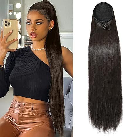Cross-Border Wig for Women, Drawstring Straight Ponytail, Black Long Straight Hair, African, European, American Drawstring Ponytail