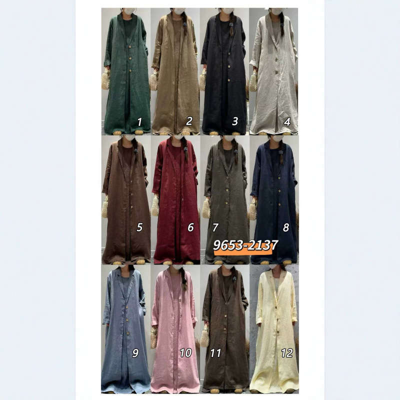 Linen Loose-Fitting Retro-Style Suit Collar Long-Sleeved Jacket + Vest Dress New Versatile Slimming Long Suit for Women Linen Loose-Fitting Retro-Style Suit Collar Long-Sleeved Jacket + Vest Dress New Versatile Slimming Long Suit for Women