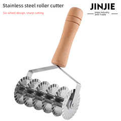 Wood-handled six-wheel ruffled pizza peel knife bread knife wire cutter 6-wheel thin crust knife noodle cutter baking tool