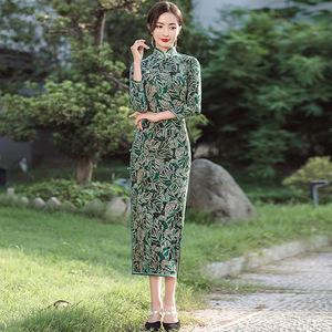 Women's Chinese Dress retro Cheongsam Qipao Dresses long sleeves leaves oriental qipao dress for lady