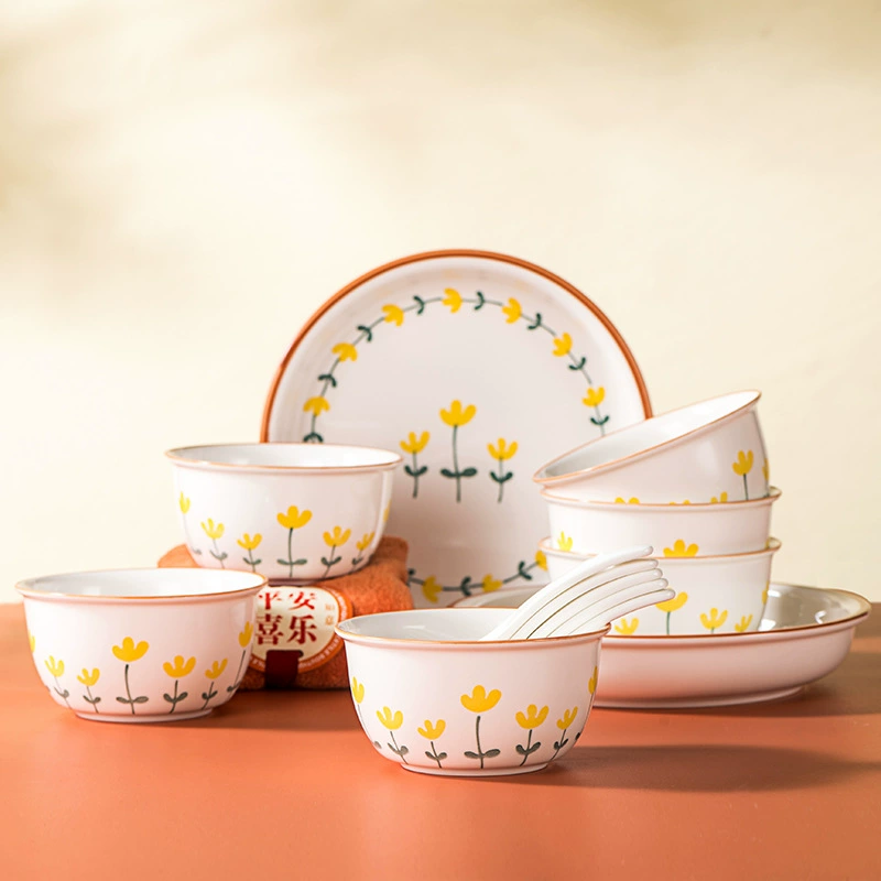 Ceramic tableware gift set, mountain chrysanthemum pattern, bowls and spoons in gift box