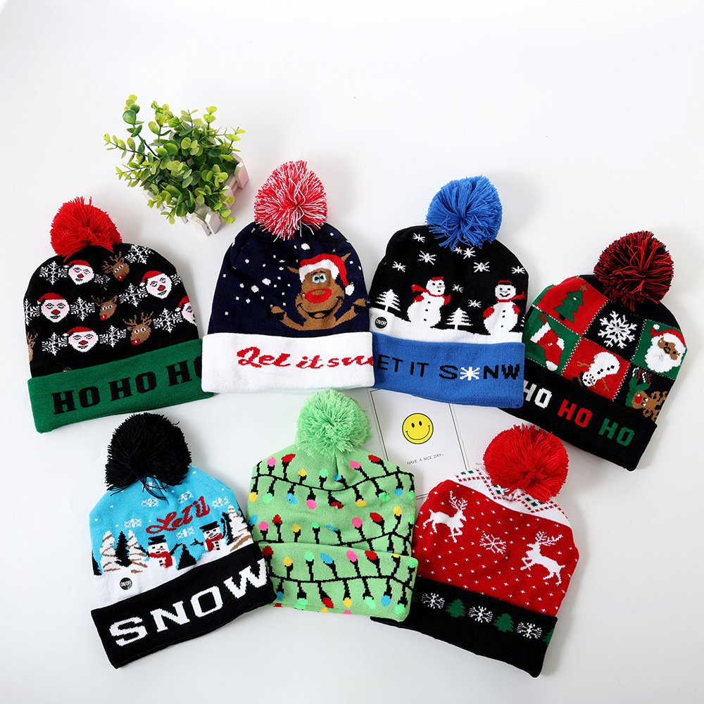 Sombreros de invierno y otoño transfronterizos de moda de Navidad sombrero de navidad sombrero de punto LED colorido luminoso caliente adulto