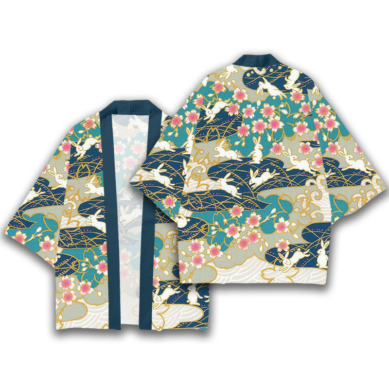 Japanese Cherry Blossom Rabbit Pattern Feather Cape Retro Blue-Green Color-Blocking Cardigan Jacket Traditional Auspicious Pattern Trendy Casual Kimono