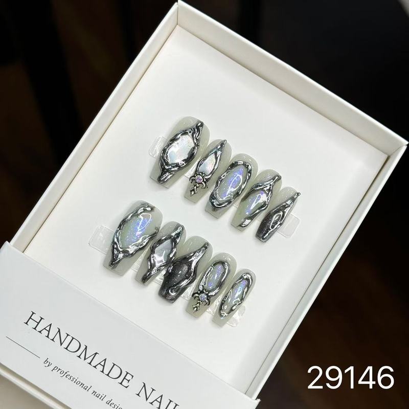 【純手作りのつけ爪29-32】ロングフレンチキャットアイパッチ付け爪、取り外し可能なネイルアートコレクション|undefined