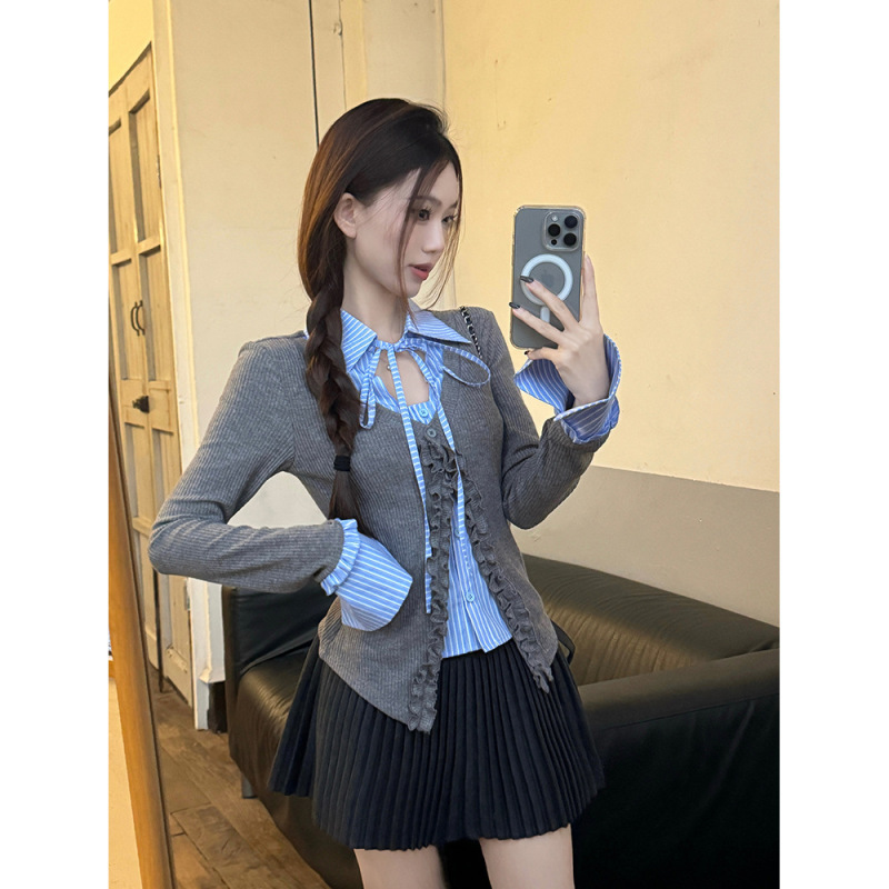 早秋新款法式复古气质小个子减龄假两件长袖拼接衬衫百褶裙两件套|undefined