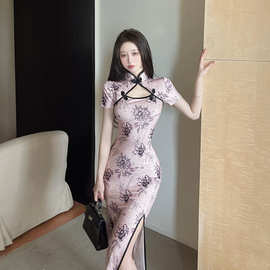 性感改良少女旗袍中长款小女人气质修身开叉包臀连衣裙X2077