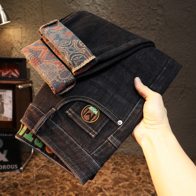 2025 Autumn New Light Luxury European Style Loose Straight-Leg Casual Plaid Casual Washed Cotton Stretch Men's Jeans