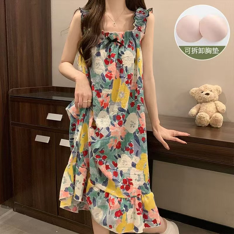 Venta al por mayor transfronteriza con almohadilla para el pecho pijamas para mujer verano espuma camisón camisón ropa a domicilio dulce y linda almohadilla para el pecho desmontable