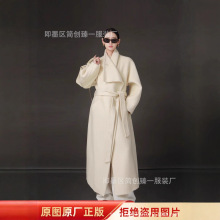 斜襟高领设计高端双面羊毛复古呢子大衣外套秋冬季中长新款小个子