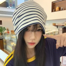 秋天慵懒风条纹堆堆帽子女全棉休闲百搭包头帽薄款空调房气质冷帽