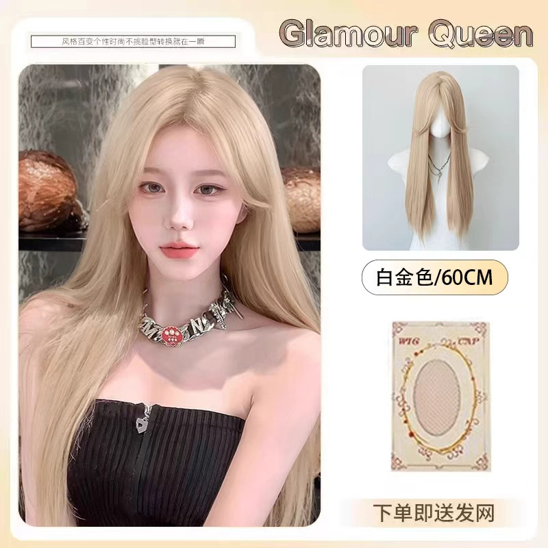 Pelucca de oro blanco mujer cabeza completa rosa cabello largo con cabello recto de cabello humano simulado cabello cos pelucca