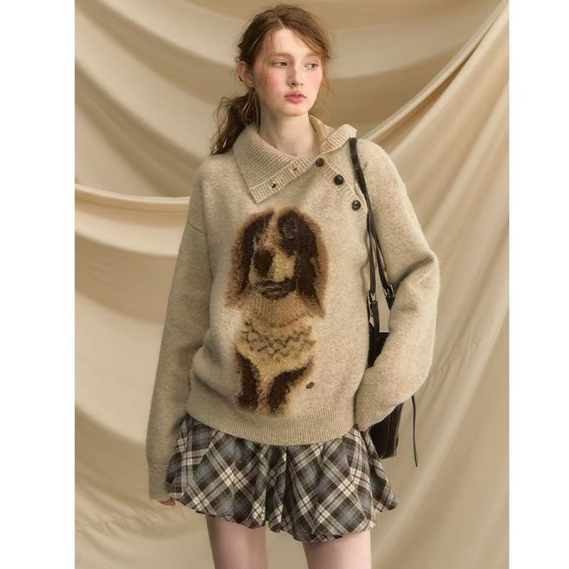 【绵羊绒】法式ins甜酷毛衣女小狗复古宽松慵懒风外穿百搭针织衫