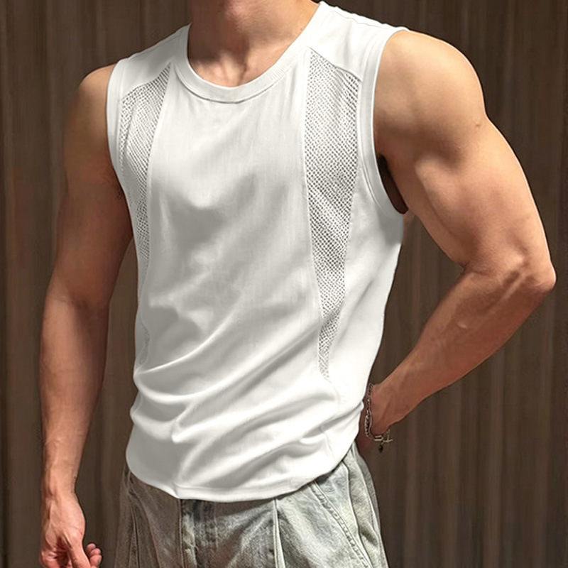 Summer New Style Men's Sports Leisure Running Fitness Exercise Basketball Loose Solid Color Spliced ​​Mesh Quick-Drying Vest