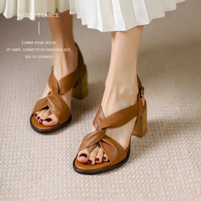 Sandal cao gót nữ da thật hở mũi quai ngang gót dày retro — Màu nâu chi tiết 2