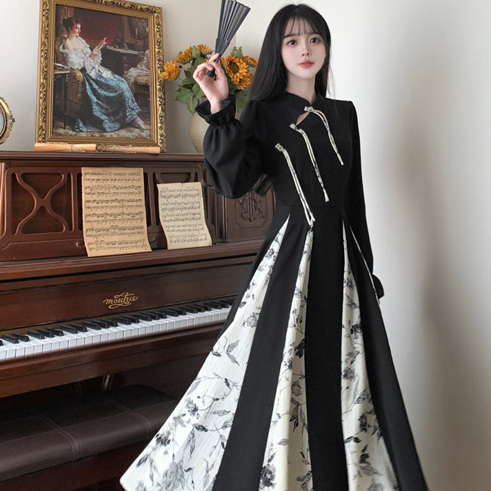 Autumn New Chinese Style Women's Improved Cheongsam Dress 2025 Waist Slimming Long Skirt for Small People