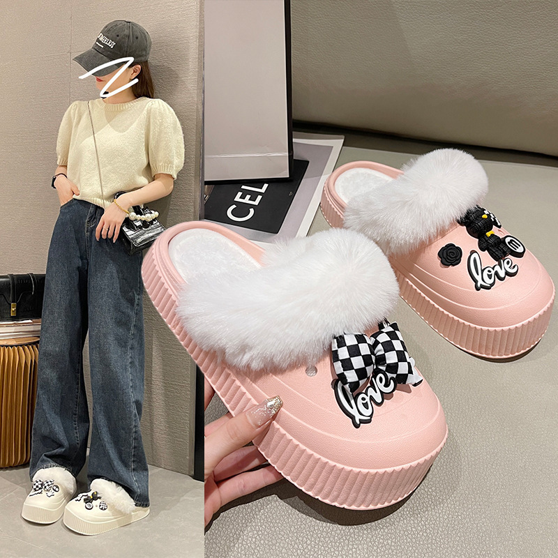 Cotton slippers autumn and winter New popular hole shoes cotton slippers DIY fashion all-match home plush cute indoor and outdoor two-way Cotton