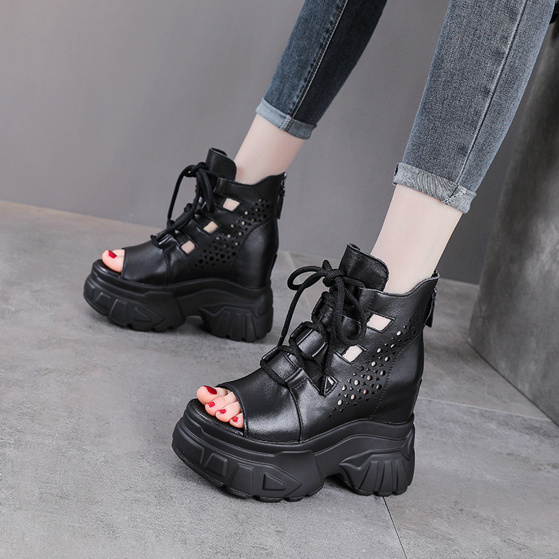 Sandal cao gót nữ da bò thật kiểu La Mã quai buộc hở mũi đế dày 11 cm — màu đen