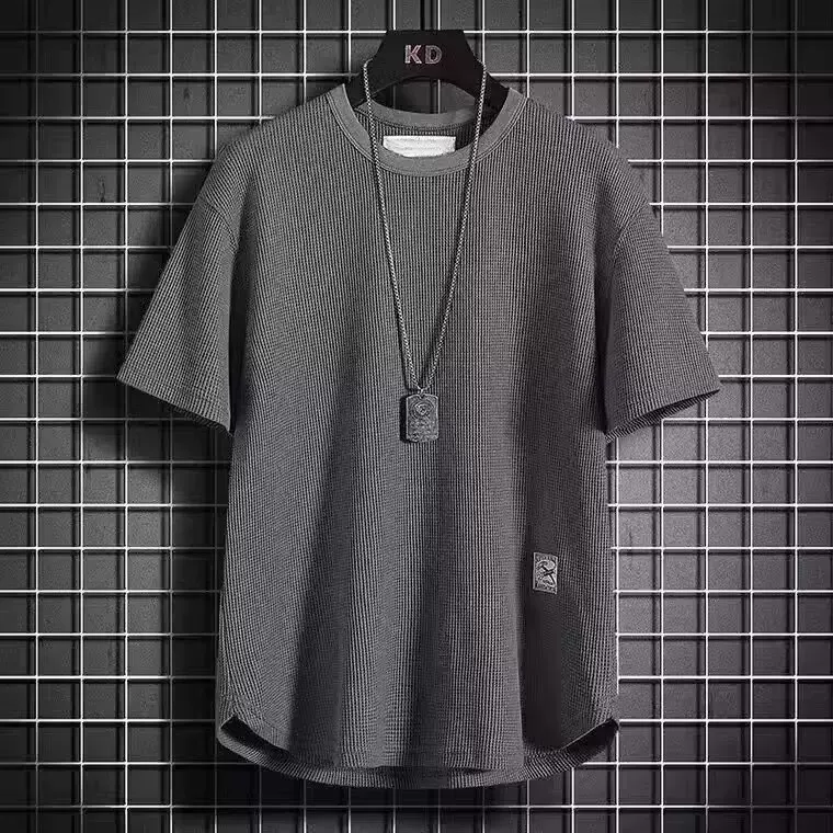 港风时尚都市短袖T恤男士新款华夫格上衣体恤宽松青年简约潮流t恤