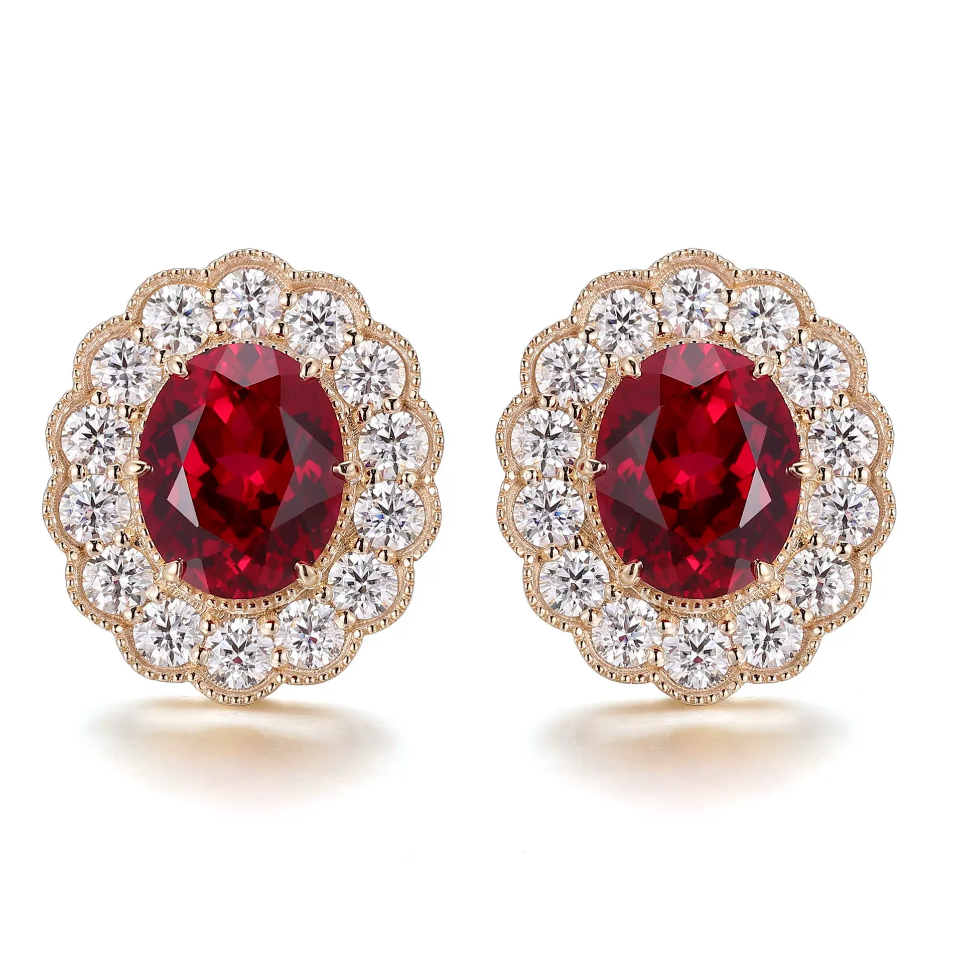 跨境批发欧美14K金 蛋形培育彩宝鸽血红耳钉女轻奢气质耳钉首饰女