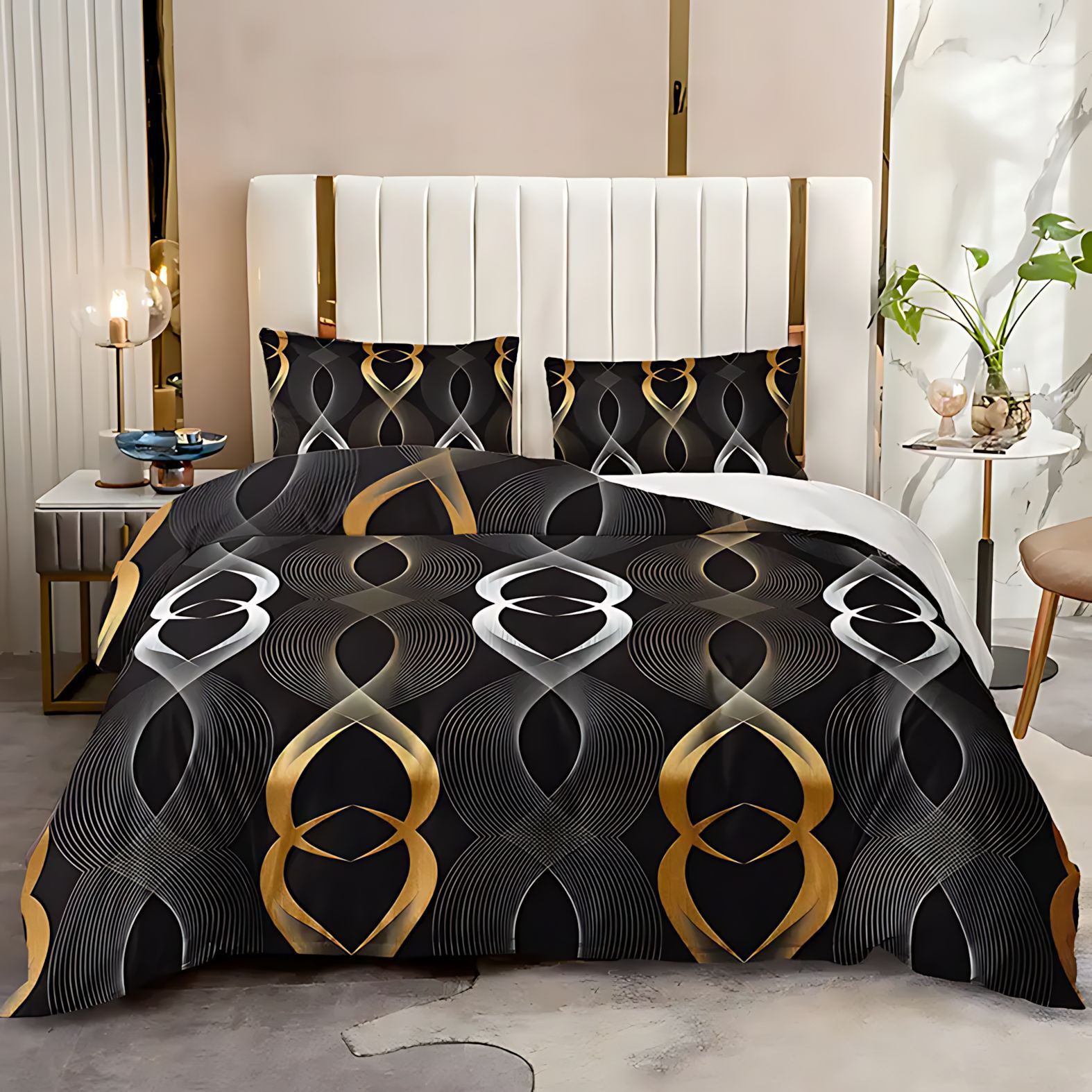 TEMU / JIT Transfronterizo Kit de colcha de cama de impresión digital línea de perilla de oro negro se puede ajustar