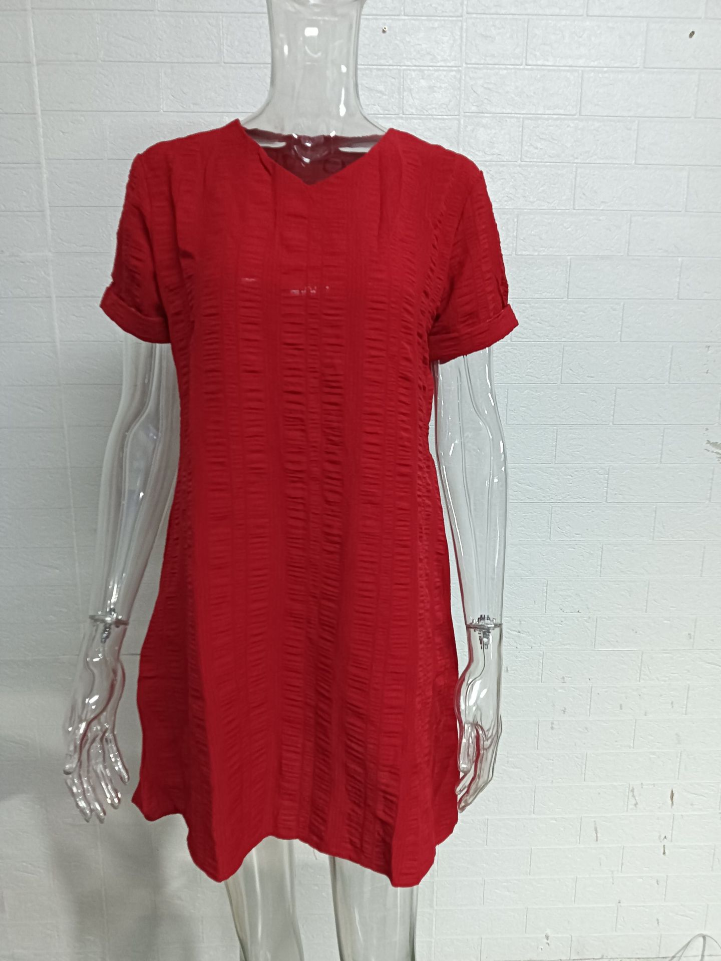 210g Weight Knee-Length Dress Length Type Short Sleeve Sleeve Length Regular Dress Dresses Type Regular Sleeve Sleeve Type Spandex, Polyester Fabric Type Mid Waist Waist Line Daily Occasion V Neck Neckline Regular Fit Fit Type Solid Color Pattern Summer, Spring Season Women's Gender Casual, Elegant Style Wholesale Women's Casual Elegant Solid Color Daily V Neck Short Sleeve Regular Dress 4