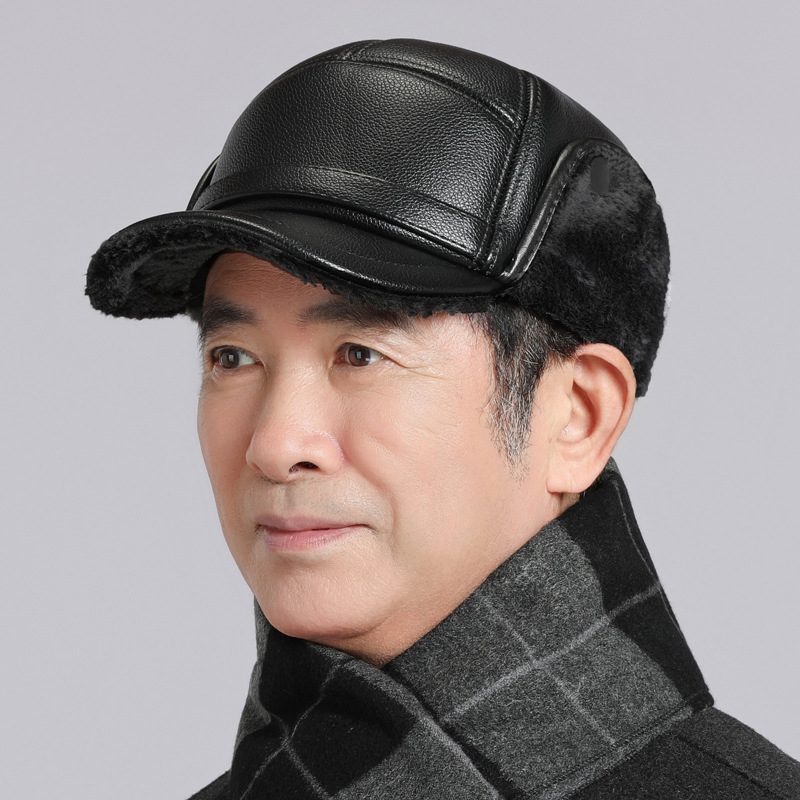 Sombrero para hombres de mediana edad, invierno caliente, papá, abuelo, gorra de cuero, vello grueso a prueba de frío y viento, gorra de lengua de pato para oídos de ancianos