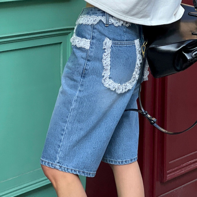 in stock Lace High Waist Loose Straight Half Jeans Women's Pants