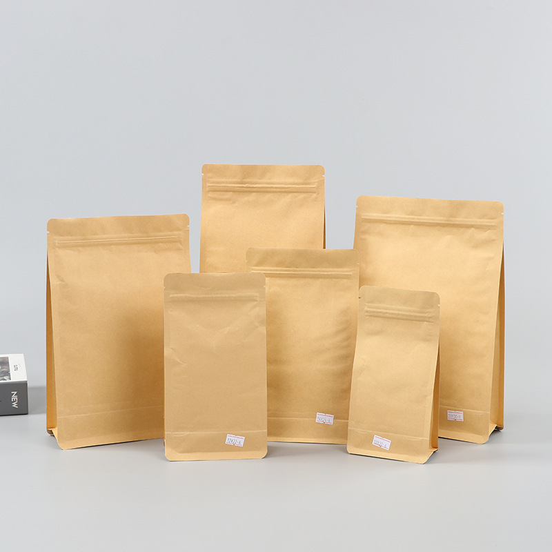 Spot bolsa de papel kraft con ventana transparente bolsa de embalaje de alimentos autosellada autoportante bolsa de té sellada de ocho lados fácil de rasgar
