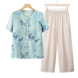 Middle-Aged and Elderly Clothes Grandma Summer Suit Short-Sleeved Shirt Mom Casual Shirt Female Old Lady Two-Piece Suit