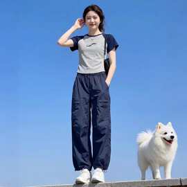 夏季时尚减龄套装女修身短袖T恤宽松显瘦束脚工装速干裤子两件套