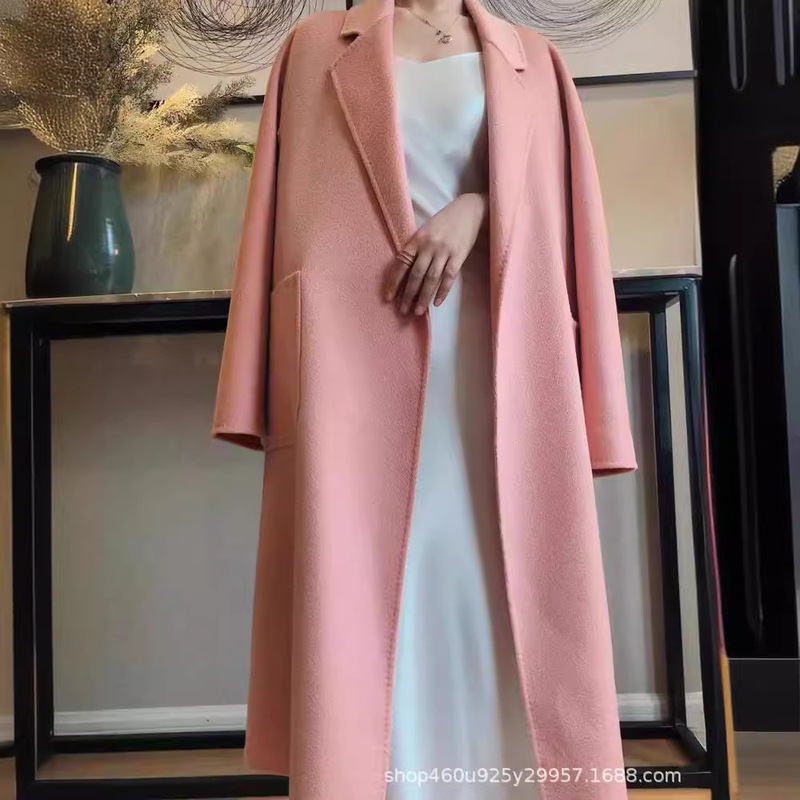 ウォーターリップル両面カシミヤコート女性のロングヘップバーンスタイルレースアップウールコート気質ラペル|undefined