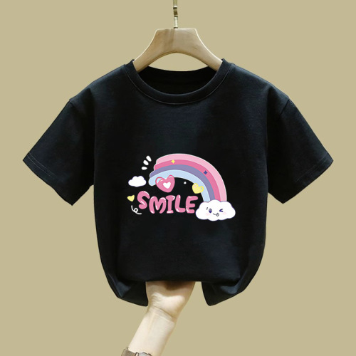 2414# Girls Rainbow Half-Sleeve Summer Medium and Large Children's Short-Sleeve Pure Cotton T-shirt School Uniform Children's Clothing Boys Cartoon T-shirt