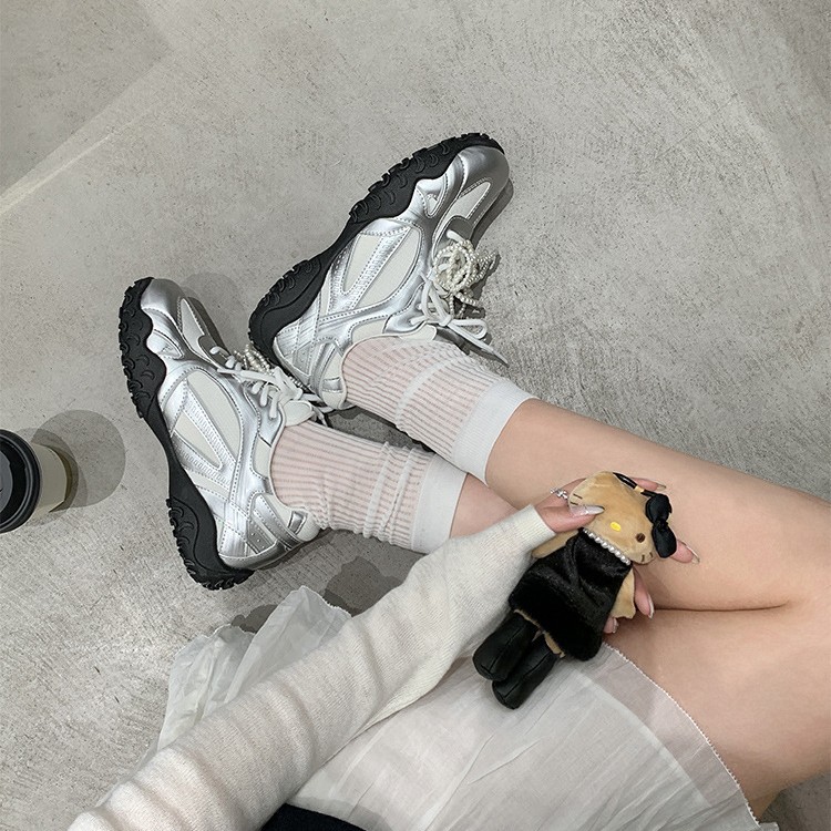 Inventario de cuero de vaca, Su Yan original de cresta inferior encaje cinturón de perlas aumentó la altura de los zapatos casuales de entrenamiento de mujeres