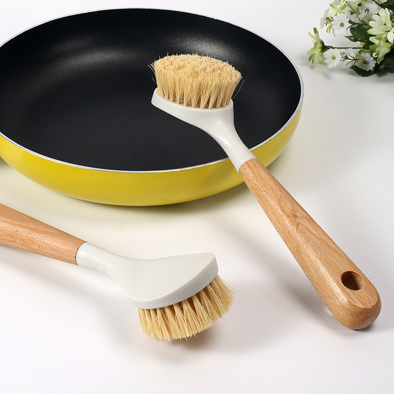 Household Wooden Long Handle Washer Brush Natural Sisal Brush Pot Kitchen Stove Non-Oil Gap Brush Cleaning Brush