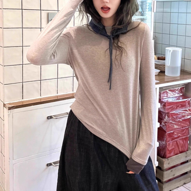 Comfortable Merino Wool Base Layer Contrast Color Versatile Fake Two-Piece Long Sleeve T-Shirt Top for Women