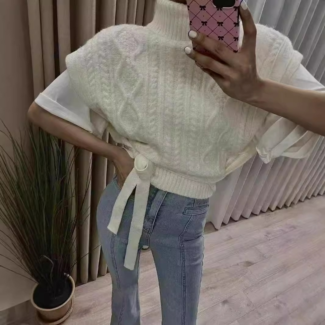 韩国东大门代购秋冬新款高领麻花系带时尚无袖纯色针织毛衣马甲