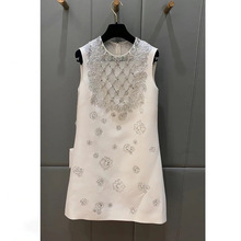 现货名媛小香重工镶钻菱格网纱拼接背心裙圆领修身包臀短连衣裙