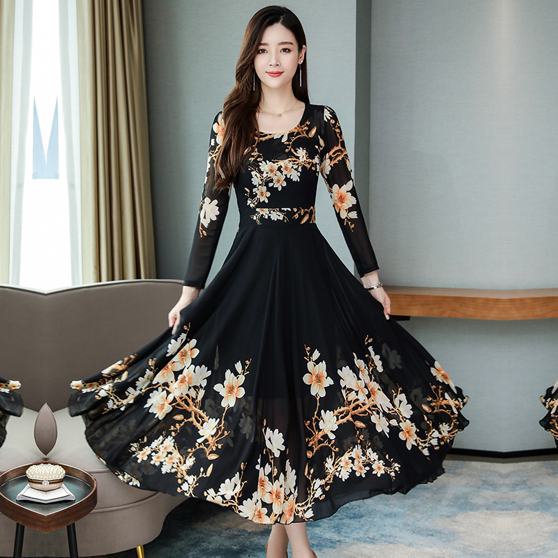 2025 Spring New Style Korean Style Women's Popular Large Size Long Sleeve Dress Mid-Length Floral Skirt