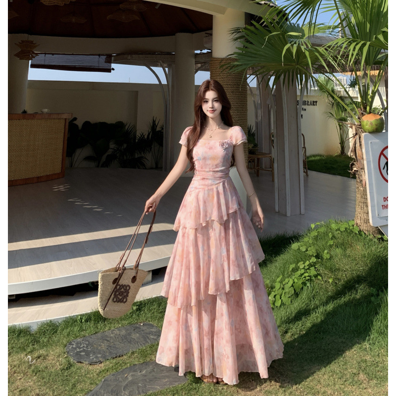 Transfronterizo 2026 verano nuevo estilo de moda francesa chica vestido de flores cortas de corte corte vestido de cintura delgado