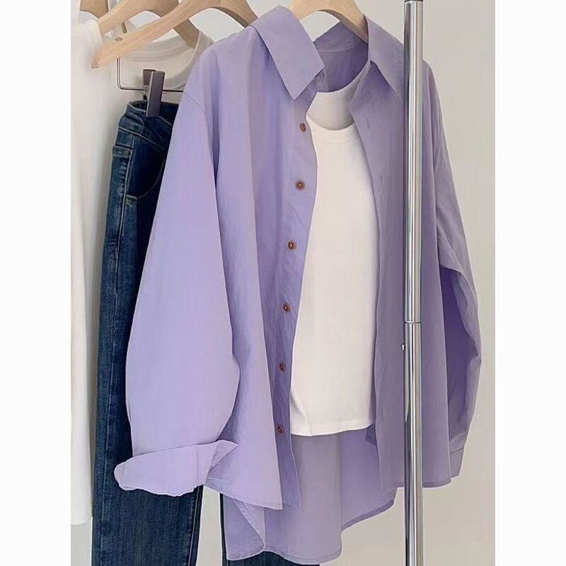 紫色の長袖シャツ女春シャツ小柄な襟上着ゆるい夏日焼け止め服高級シャツ女|undefined