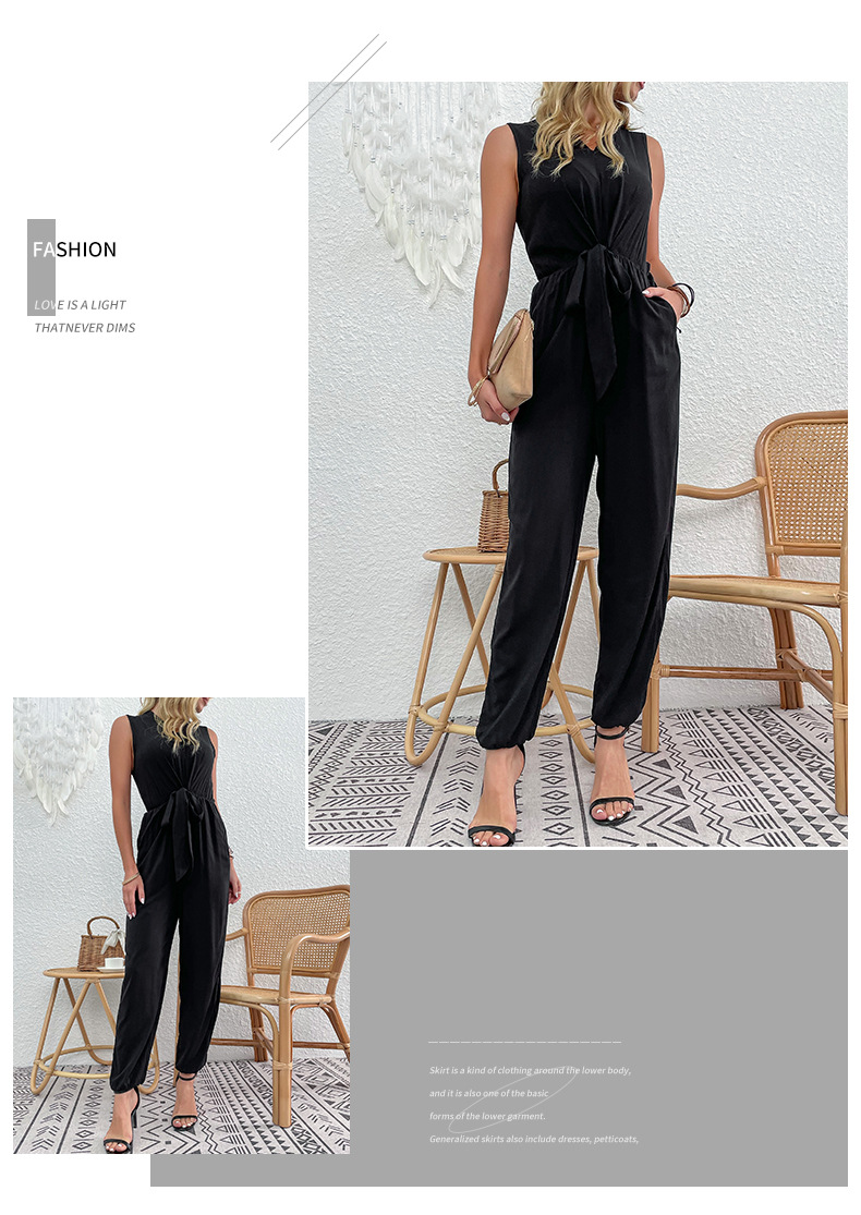 Solid Color V-neck Sexy Cross-Strap Jumpsuit_voghion.com