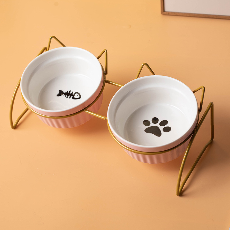 Fábrica al por mayor de cerámica gato comida tazón cuello protección diseño bebedero gato arroz tazón doble tazón antidetonante perro tazón de comida