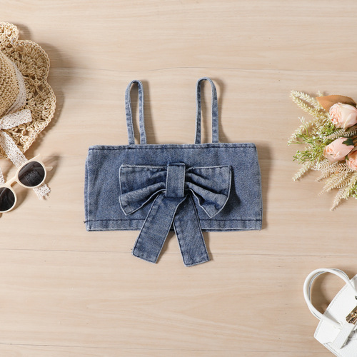  new summer girls denim suit short bow strap strapless denim pleated skirt suit wholesale
