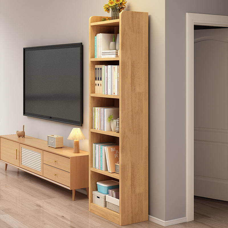 Solid Wood Bookcase Floor-Standing Storage Rack Home Living Room Tv Cabinet Side Cabinet Student Reading Pine Storage Narrow S^