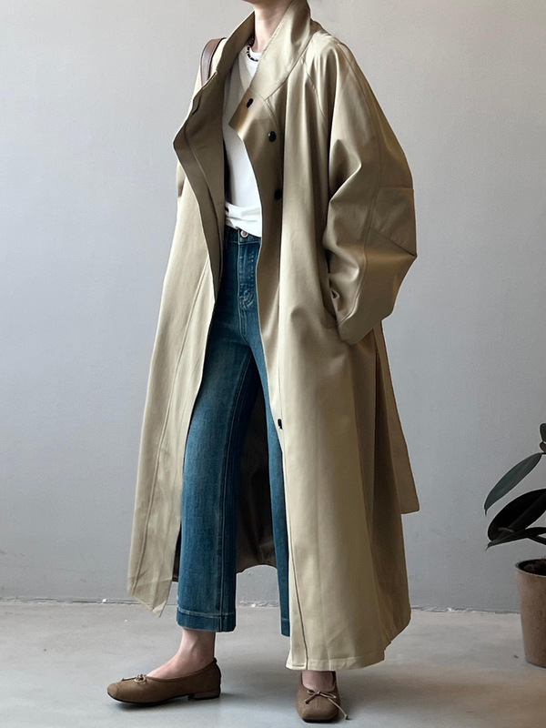 Yanshuang Korean Style Stand-Up Collar Long Trench Coat for Women, Autumn Simple Single-Breasted Loose Coat 82133