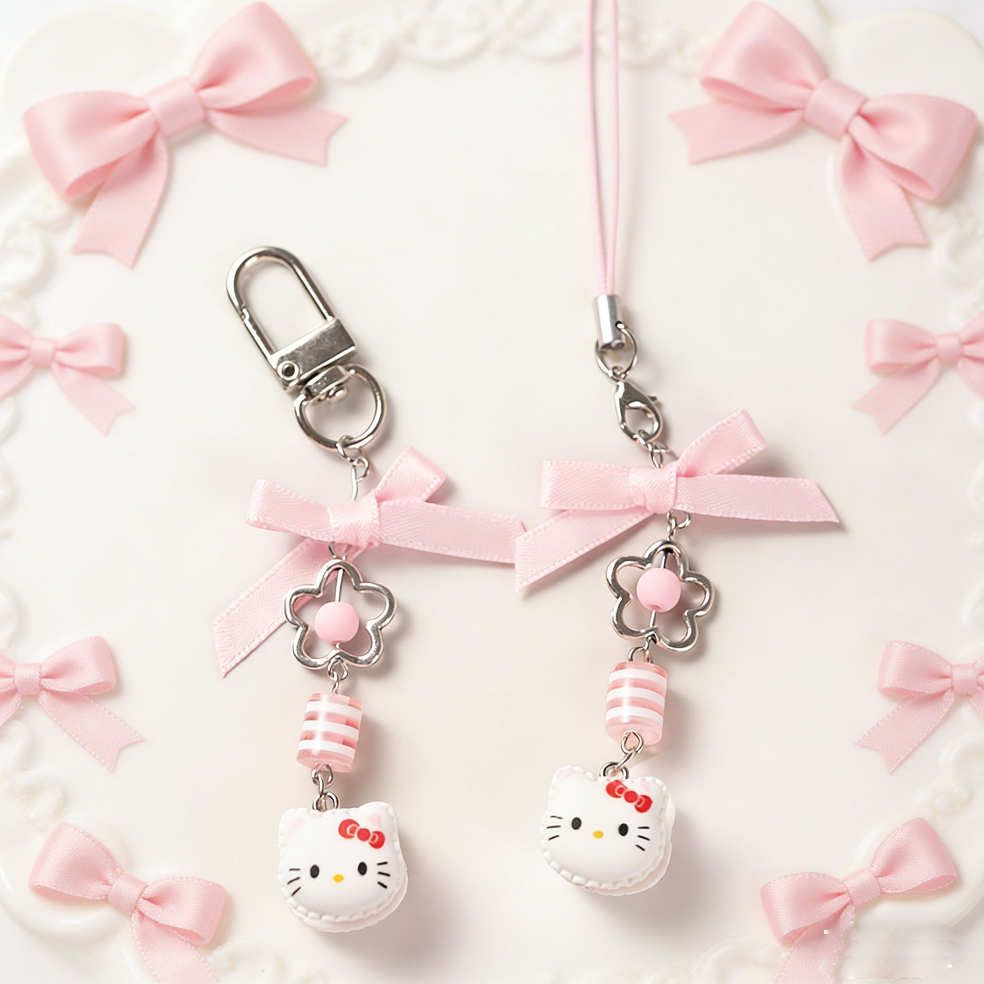 Kt Cat Girl Heart Mobile Phone Chain Sweetheart Bow Pendant Bag Pendant Beaded Ccd Keychain Jewelry Pendant