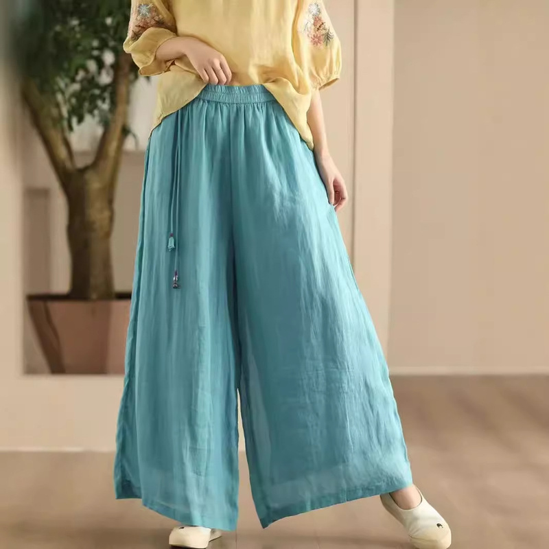 Vintage Stone-Milled Wash Ramie Wide-Leg Pants Women's Inner Cotton Lined Double-Layer Skirt Pants Slimming Wide-Leg Pants