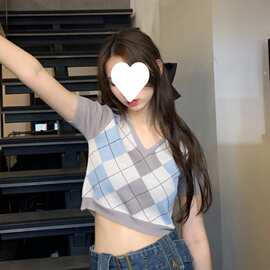 菱格领薄款短袖针织衫女2022年夏季短款修身显瘦内搭上衣打底衫