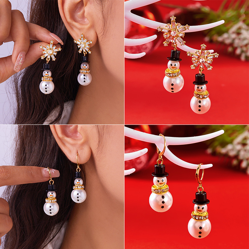 Europa y los Estados Unidos transfronterizos de Navidad auriculares de moda versátil imitación de perlas de Navidad muñeco de nieve pendientes de diamantes lindos pendientes de dibujos animados